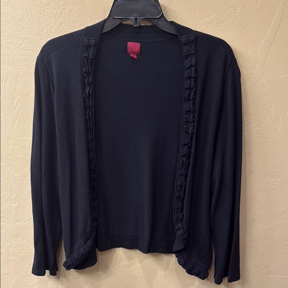 212 Collection Black Cardigan Sweater with Ruffled Trim